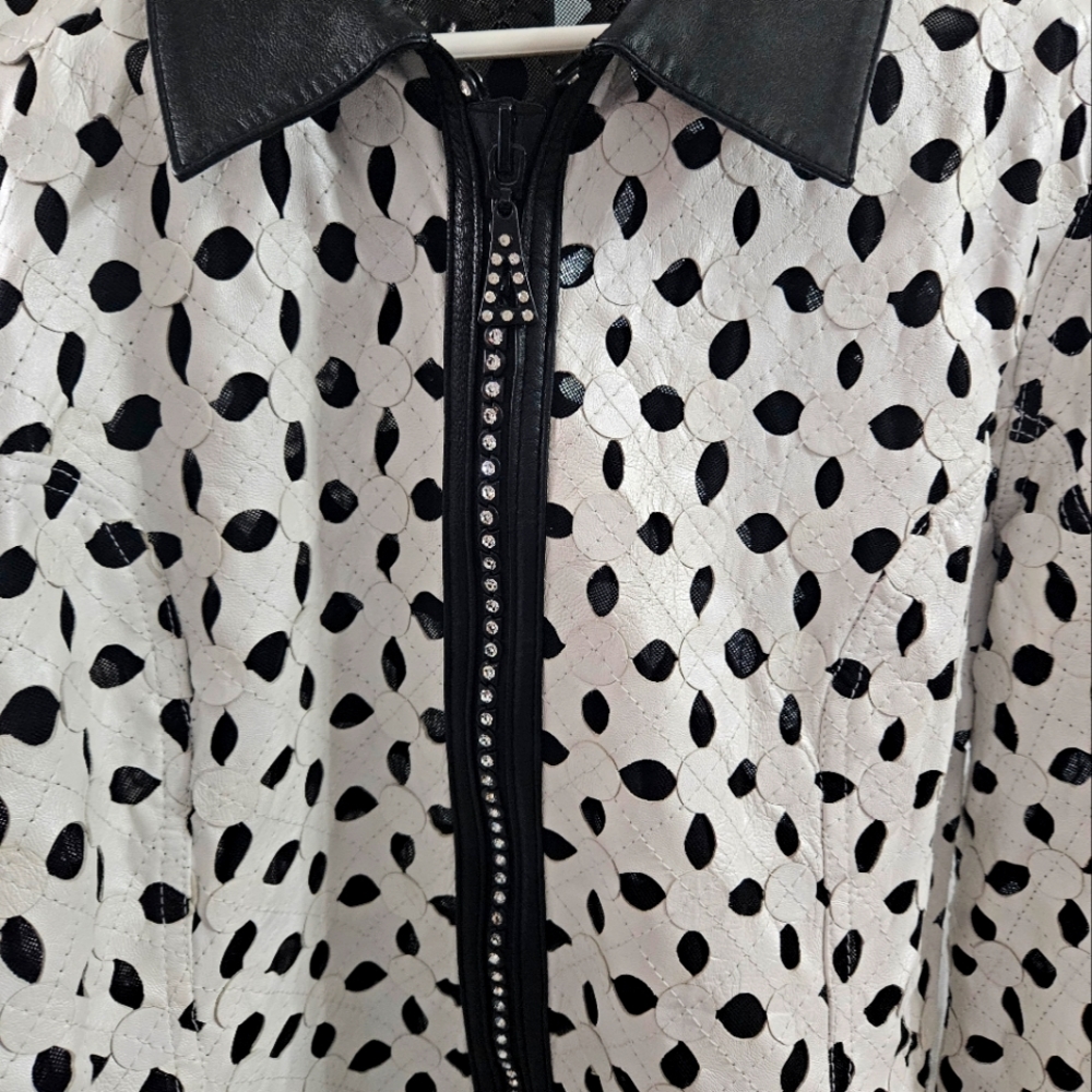 White and Black Leather jacket with Rhinestone zipper
